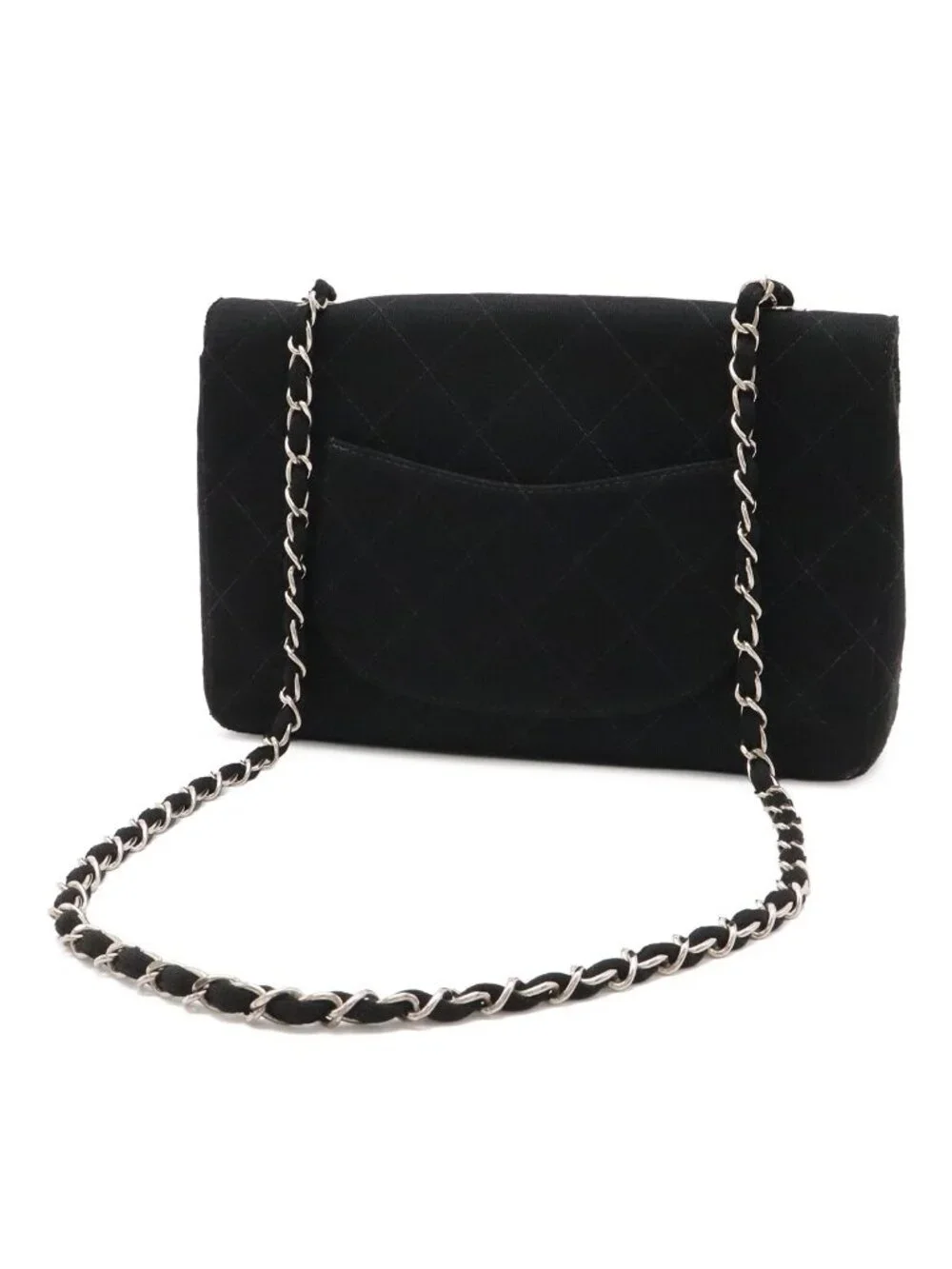 Chanel Quilted CC Logo Chain Shoulder Bag Cotton Jersey Leather Black Silver
